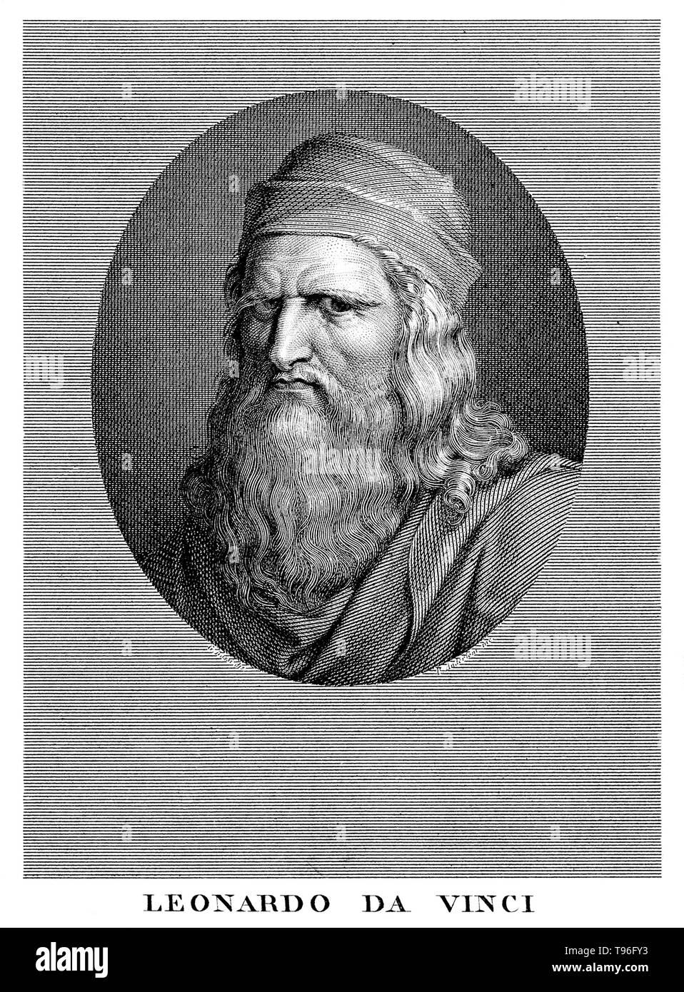 Leonardo di ser Piero da Vinci (April 15, 1452 - May 2, 1519) was an Italian Renaissance polymath: painter, sculptor, architect, musician, mathematician, engineer, inventor, anatomist, geologist, cartographer, botanist, and writer. His genius, perhaps more than that of any other figure, epitomized the Renaissance humanist ideal, often been described as the archetype of the Renaissance Man.  Line engraving by Pietro Anderloni after Giuseppe Bossi, undated. Stock Photo