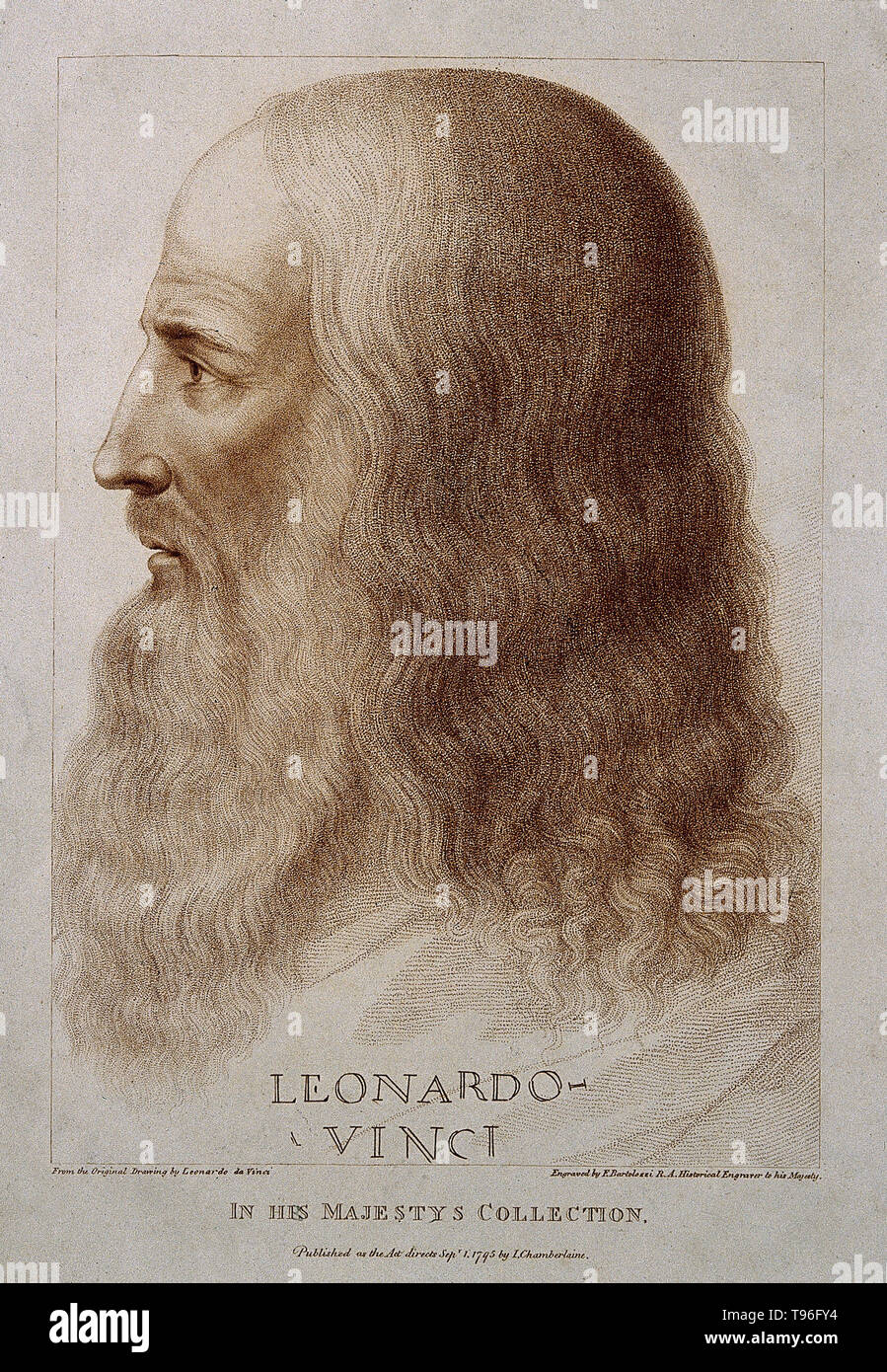 Leonardo di ser Piero da Vinci (April 15, 1452 - May 2, 1519) was an Italian Renaissance polymath: painter, sculptor, architect, musician, mathematician, engineer, inventor, anatomist, geologist, cartographer, botanist, and writer. His genius, perhaps more than that of any other figure, epitomized the Renaissance humanist ideal, often been described as the archetype of the Renaissance Man.  Line engraving by Francesco Bartolozzi, 1795, after the sitter. Stock Photo