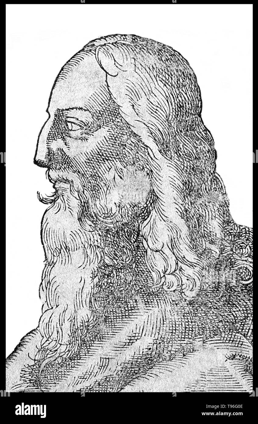 Leonardo di ser Piero da Vinci (April 15, 1452 - May 2, 1519) was an Italian Renaissance polymath: painter, sculptor, architect, musician, mathematician, engineer, inventor, anatomist, geologist, cartographer, botanist, and writer. His genius, perhaps more than that of any other figure, epitomized the Renaissance humanist ideal, often been described as the archetype of the Renaissance Man.  Cropped woodcut by T. Stimmer, 1589, after the sitter. Stock Photo