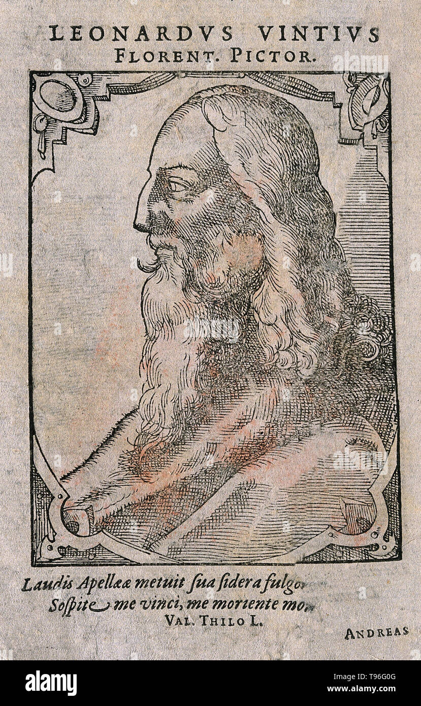 Leonardo di ser Piero da Vinci (April 15, 1452 - May 2, 1519) was an Italian Renaissance polymath: painter, sculptor, architect, musician, mathematician, engineer, inventor, anatomist, geologist, cartographer, botanist, and writer. His genius, perhaps more than that of any other figure, epitomized the Renaissance humanist ideal, often been described as the archetype of the Renaissance Man.  Woodcut by T. Stimmer, 1589, after the sitter. Stock Photo