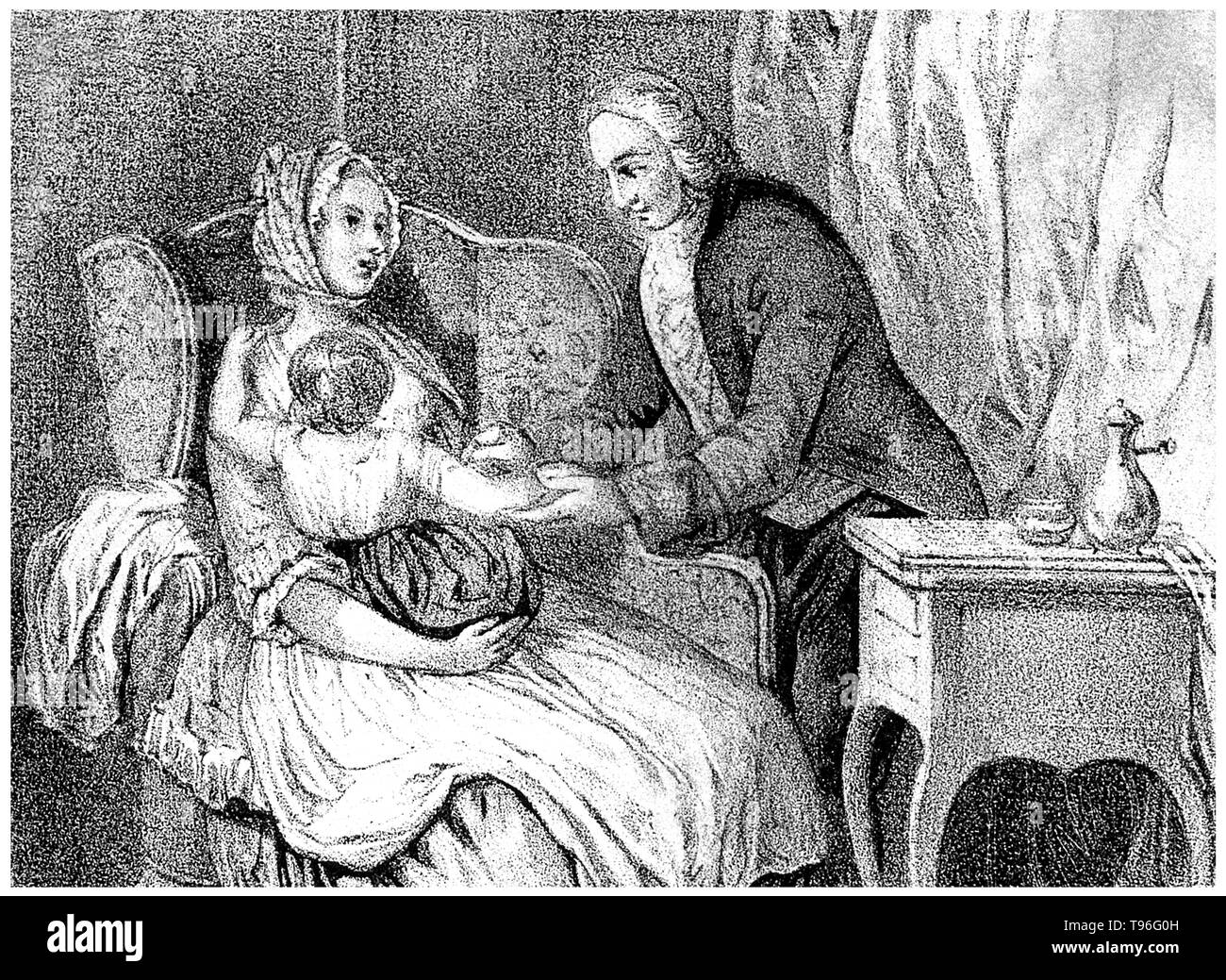 Edward Jenner vaccinates a young child on its mother's lap. Edward Jenner (May 17, 1749 - January 26, 1823) was an English physician and scientist who was the pioneer of smallpox vaccine, the world's first vaccine. His work is said to have saved more lives than the work of any other human. In Jenner’s time, smallpox killed around 10 percent of the population, with the number as high as 20 percent in towns and cities where infection spread more easily. Stock Photo