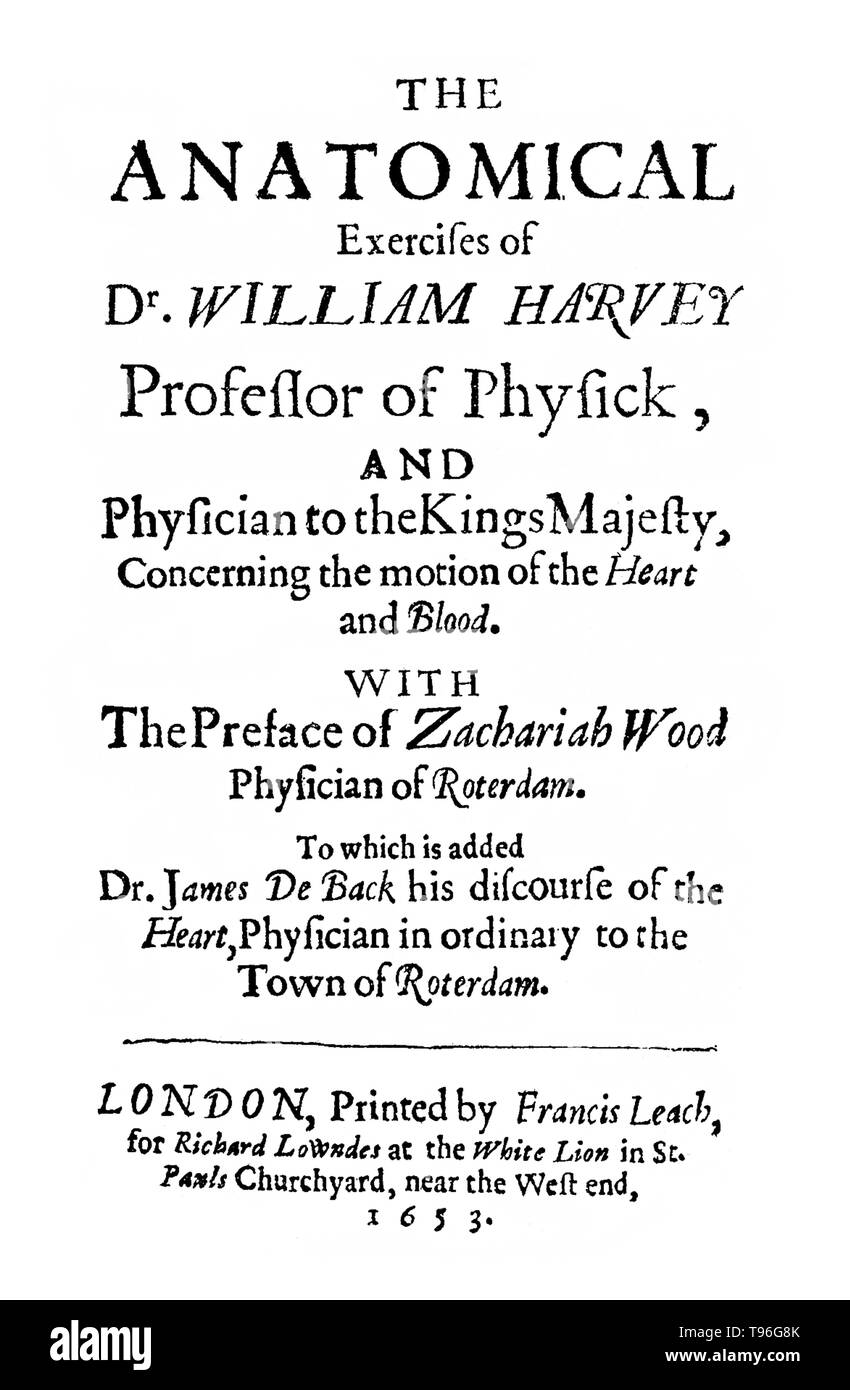 William Harvey (April 11, 1578 - June 3, 1657) was an English physician. Harvey was the first person to accurately determine how the heart circulated blood throughout human and animal bodies and was also the first to posit the theory that humans and other mammals reproduced when an egg was fertilized by sperm. His work 'De Motu Cordis', published in 1628, remains a milestone in science.  He died in 1657 at the age of 79. Stock Photo