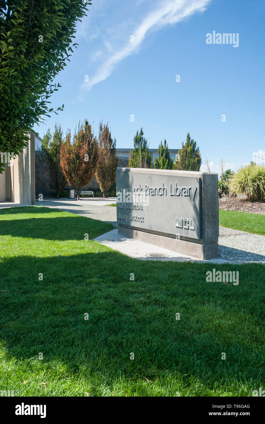 The marquee sign at the Kennewick Branch Library in Kennewick, Washington. Stock Photo