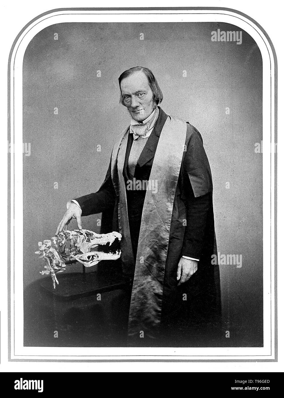 Richard Owen (July 20, 1804 - December 18, 1892) was an English biologist, comparative anatomist and paleontologist. One of his positions was that of prosector for the London Zoo, which meant that he had to dissect and preserve any zoo animals that died in captivity. This gave him vast experience with the anatomy of exotic animals. He produced a vast array of scientific work, but is probably best remembered today for coining the word Dinosauria. Stock Photo