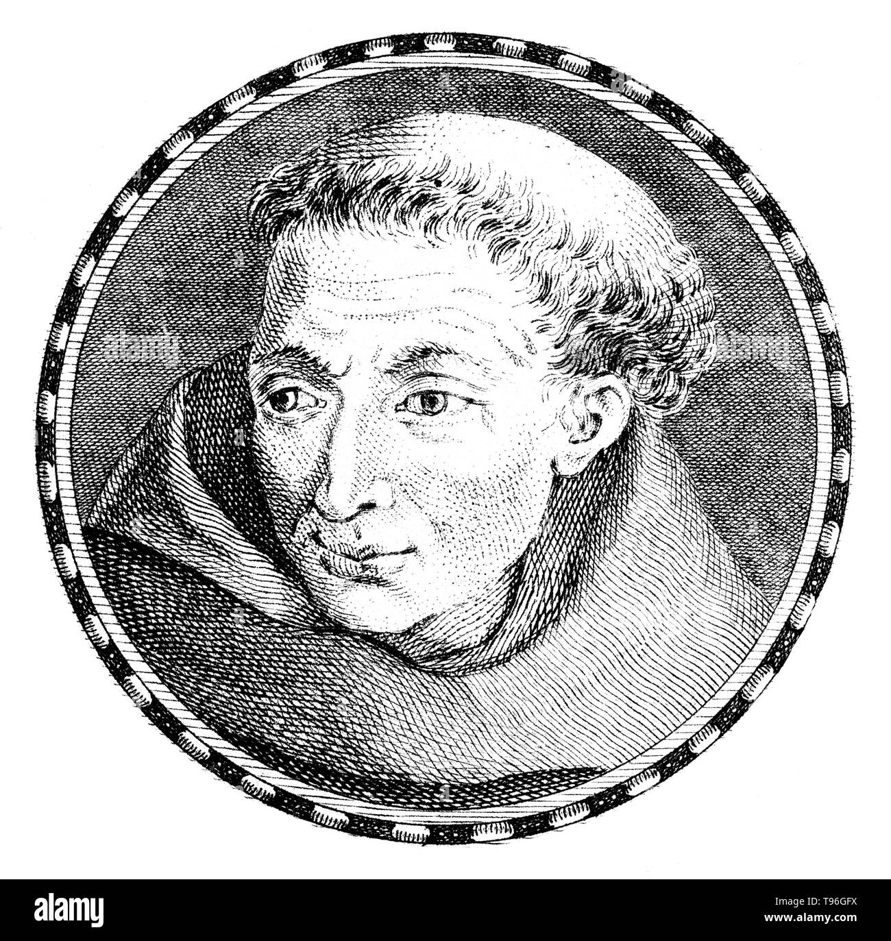Roger Bacon (1214-1294) was an English philosopher and Franciscan friar who placed considerable emphasis on the study of nature through empirical methods. He became a master at Oxford, lecturing on Aristotle. Between 1237 and 1245, he began lecturing at the University of Paris. In 1256 he became a friar in the Franciscan Order, and no longer held a teaching post. Stock Photo