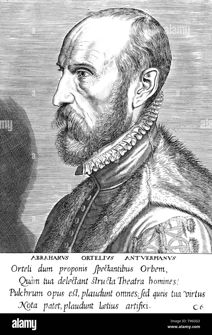 Abraham Ortelius (April 14, 1527 - June 28, 1598) was a Flemish cartographer and geographer. Beginning as a map-engraver, he entered the Antwerp Guild of Saint Luke as an illuminator of maps. He met Gerardus Mercator in 1554, who influenced his decision to become a scientific geographer. In 1564 he published his first map, Typus Orbis Terrarum, an eight-leaved wall map of the world. In 1578 he laid the basis of a critical treatment of ancient geography by his Synonymia geographica. Stock Photo