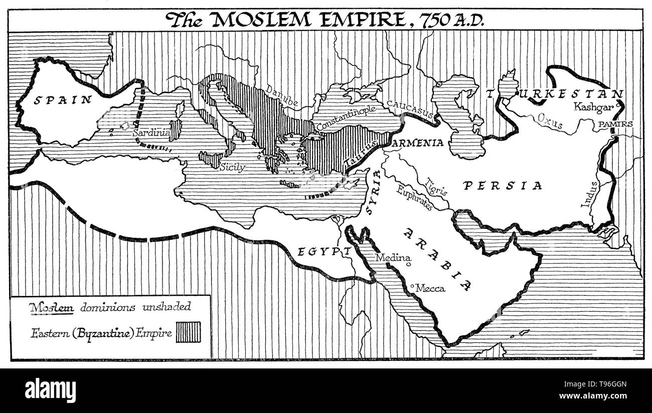 The Umayyad Caliphate (Omayyad) was the second of the four major caliphates established after the death of Muhammad. The caliphate was ruled by the Umayyad dynasty, hailing from Mecca. Syria remained the Umayyads' main power base thereafter, and Damascus was their capital. The Umayyads continued the Muslim conquests, incorporating the Transoxiana, Sindh, the Maghreb and the Iberian Peninsula (Al-Andalus) into the Muslim world. Stock Photo