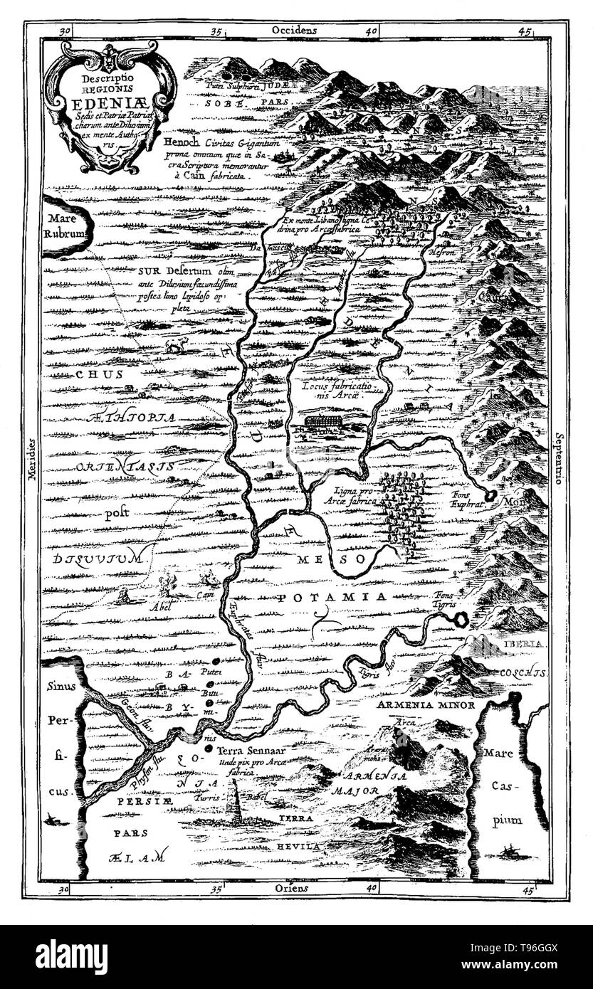 Map of Ediniae: comprising of Ethiopia, Mesopotamia, etc. The Garden of Eden is considered to be mythological by most scholars. However there have been suggestions for its supposed location: for example, at the head of the Persian Gulf, in southern Mesopotamia (now Iraq) where the Tigris and Euphrates rivers run into the sea; and in the Armenian Highlands or Armenian Plateau. No artist credited, undated. Stock Photo