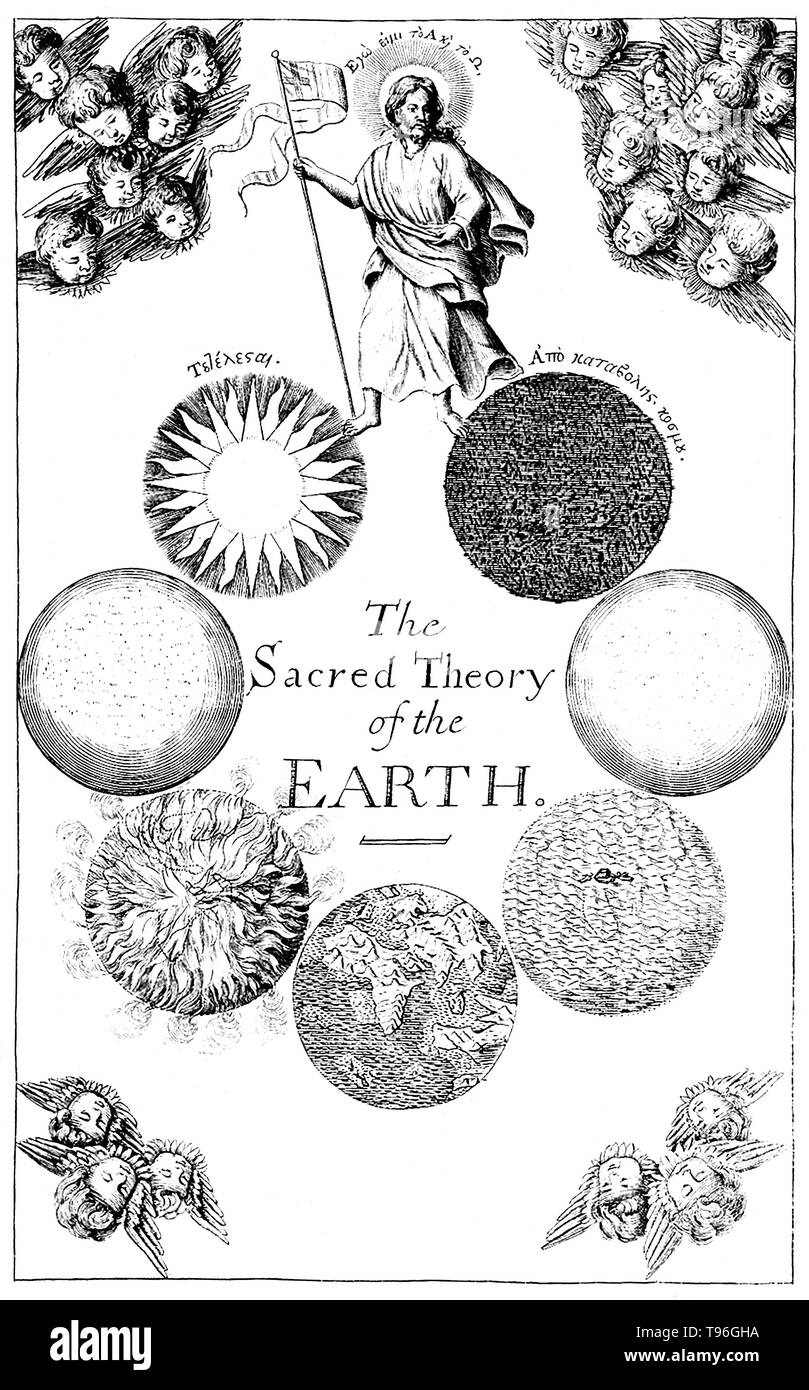 Thomas Burnet (1635 - September 27, 1715) was an English theologian and writer on cosmogony. His best known work is his Telluris Theoria Sacra, or Sacred Theory of the Earth. The first part was published in 1681 in Latin, and in 1684 in English translation; the second part appeared in 1689 (1690 in English). It was a speculative cosmogony, in which Burnet suggested a hollow earth with most of the water inside until Noah's Flood, at which time mountains and oceans appeared. Stock Photo