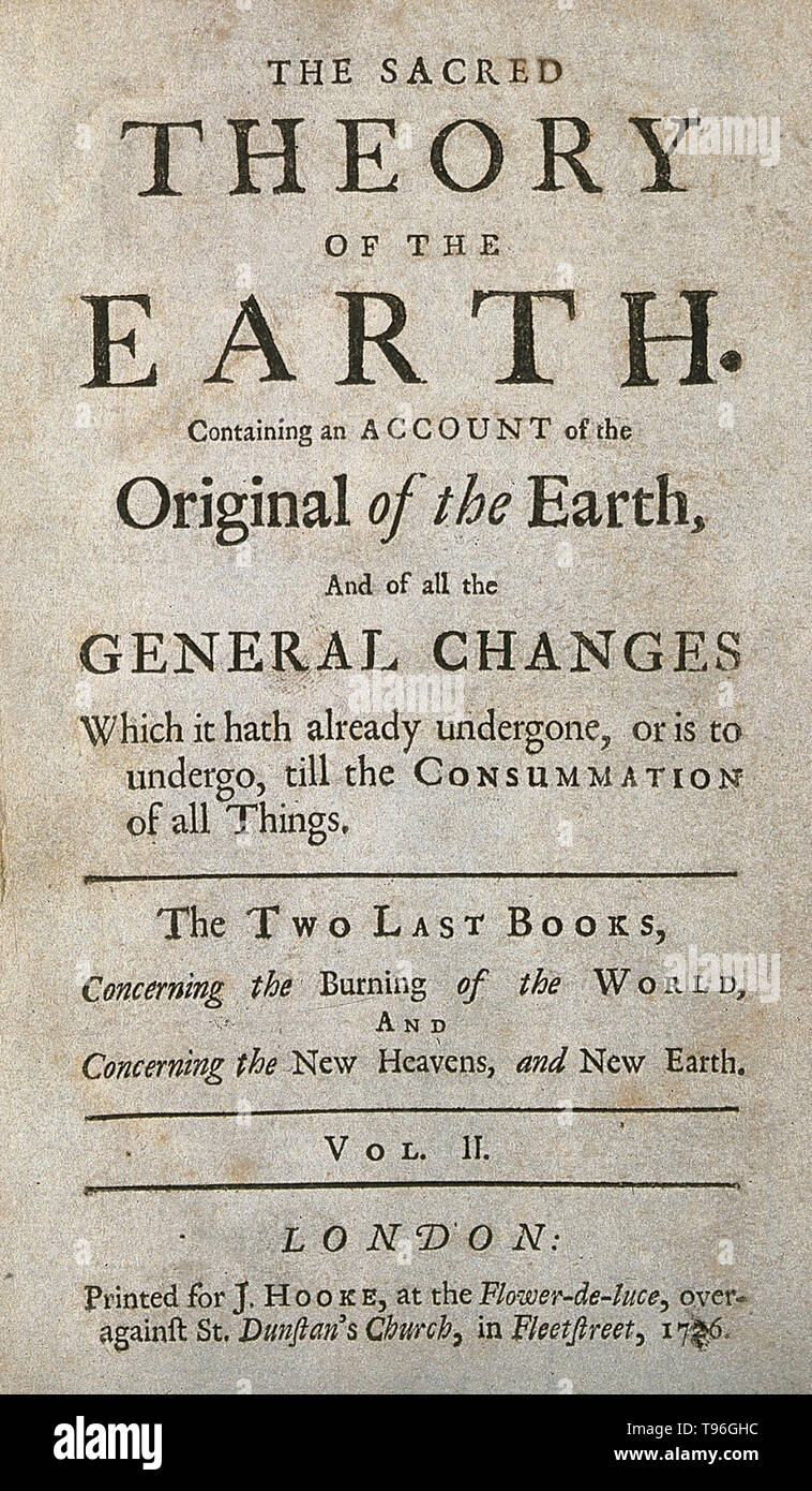 Thomas Burnet (1635 - September 27, 1715) was an English theologian and writer on cosmogony. His best known work is his Telluris Theoria Sacra, or Sacred Theory of the Earth. The first part was published in 1681 in Latin, and in 1684 in English translation; the second part appeared in 1689 (1690 in English). It was a speculative cosmogony, in which Burnet suggested a hollow earth with most of the water inside until Noah's Flood, at which time mountains and oceans appeared. Stock Photo