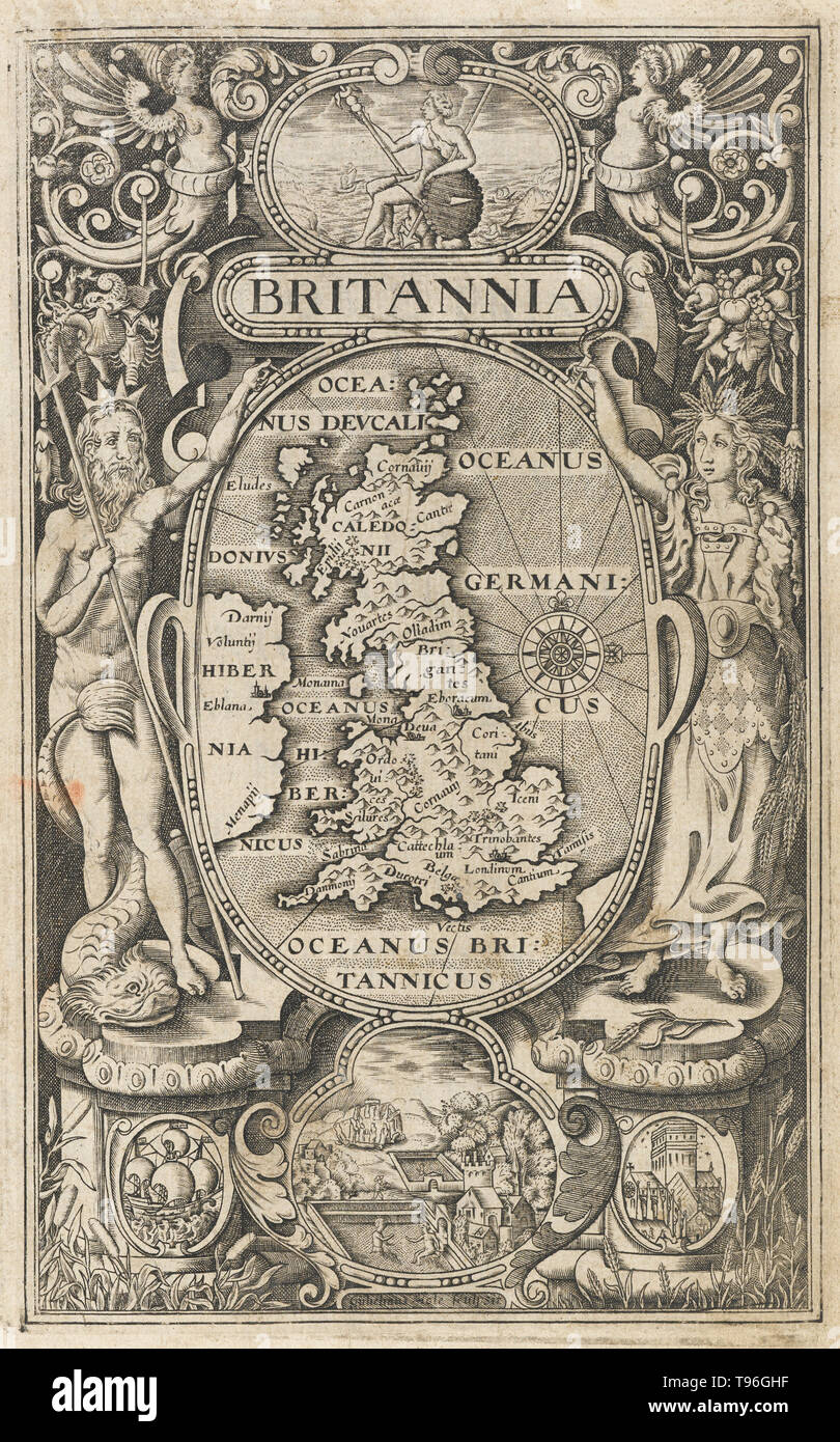 Frontispiece map of Britannia from the Early printed book entitled Britain, or a chorographical description of the most flourishing kingdoms, England, Scotland, and Ireland, and the lands adjoining, out of the depth of antiquity  beautified with maps of the several Shires of England written by William Camden. William Camden (May 2, 1551 - November 9, 1623) was an English antiquarian, historian, and topographer. Stock Photo