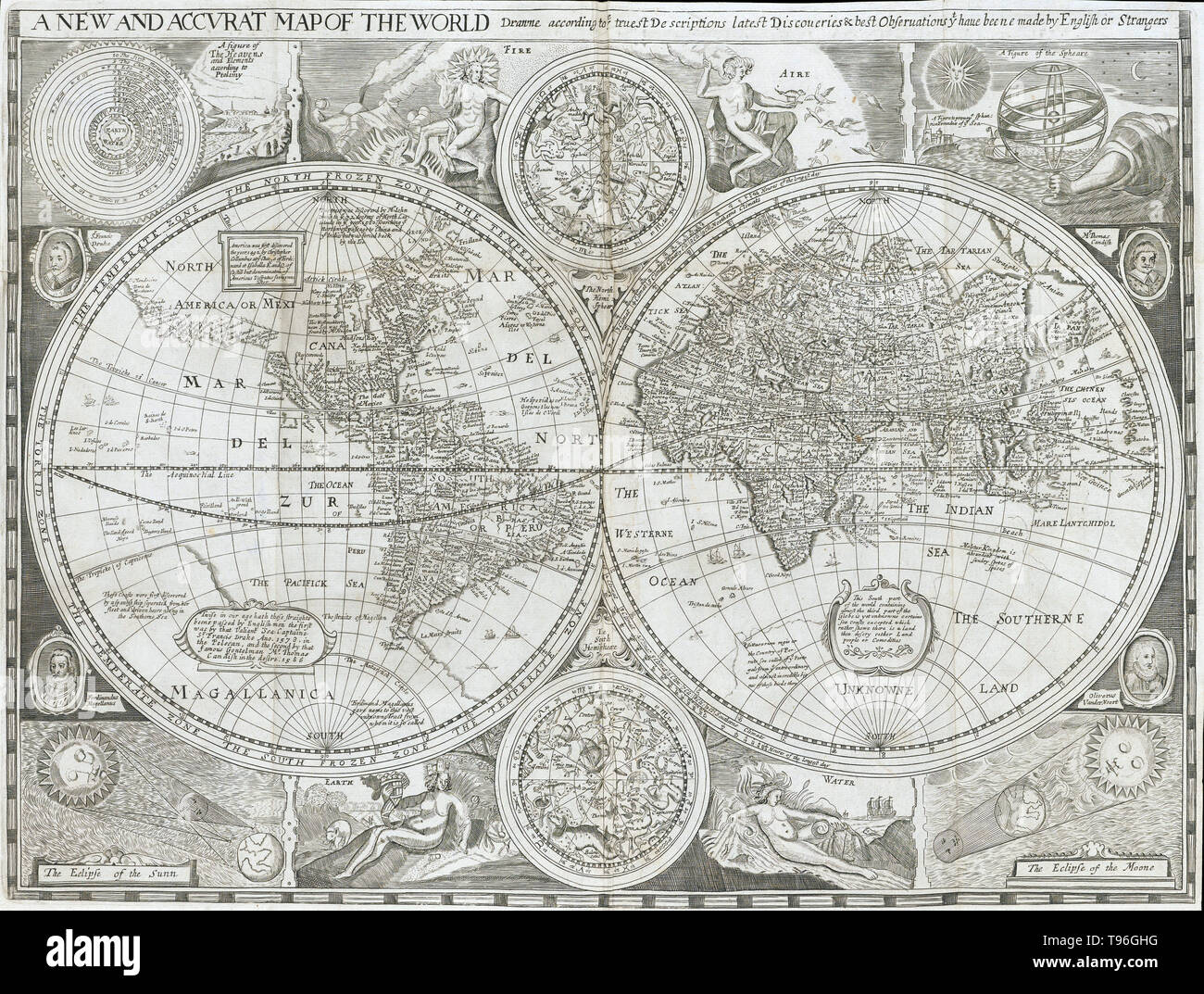 Map of the world from the Early printed book entitled Britain, or a chorographical description of the most flourishing kingdoms, England, Scotland, and Ireland, and the lands adjoining, out of the depth of antiquity  beautified with maps of the several Shires of England written by William Camden. William Camden (May 2, 1551 - November 9, 1623) was an English antiquarian, historian, and topographer. Stock Photo