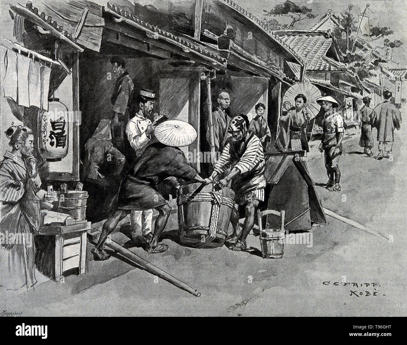 Disposal of the dead, under police supervision during a cholera epidemic in Japan. The third cholera pandemic mainly affected Russia, with over one million deaths. In 1852, cholera spread east to Indonesia, and later was carried to China and Japan in 1854. The Philippines were infected in 1858 and Korea in 1859. In 1859, an outbreak in Bengal contributed to transmission of the disease by travelers and troops to Iran, Iraq, Arabia and Russia. Stock Photo