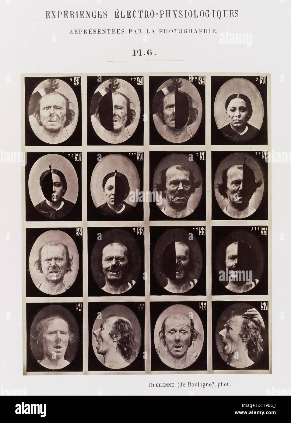 Plate 6: 16 images showing different facial expressions which are being induced by electrical currents. Guillaume-Benjamin-Amand Duchenne de Boulogne (September 17, 1806 - September 15, 1875) was a French neurologist who advanced the science of electrophysiology. Influenced by the beliefs of physiognomy, Duchenne wanted to determine how the muscles in the human face produce facial expressions which he believed to be directly linked to the soul of man. Stock Photo