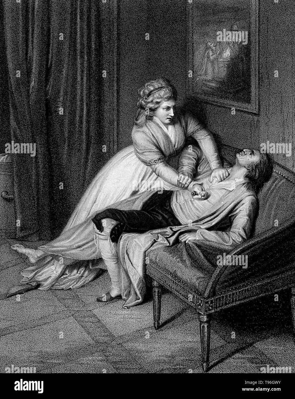 Charlotte Corday stabbing Marat on a settee. Charlotte Corday (July 27, 1768 - July 17, 1793) was a figure of the French Revolution. In 1793, she was guillotined for the assassination of Jacobin leader Jean-Paul Marat. She believed that Marat was threatening the Republic, and that his death would end violence throughout the nation. She went to Marat's home on the evening of July 13th, claiming to have knowledge of a planned Girondist uprising in Caen. Marat admitted her. Stock Photo