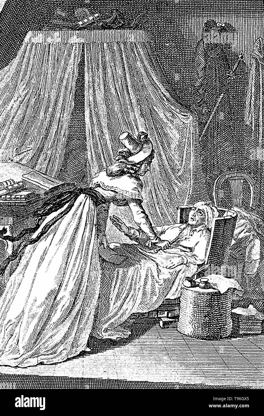 Charlotte Corday is about to stab Marat in the bath. Charlotte Corday (July 27, 1768 - July 17, 1793) was a figure of the French Revolution. In 1793, she was guillotined for the assassination of Jacobin leader Jean-Paul Marat. She believed that Marat was threatening the Republic, and that his death would end violence throughout the nation. She went to Marat's home on the evening of July 13th, claiming to have knowledge of a planned Girondist uprising in Caen. Marat admitted her. Stock Photo