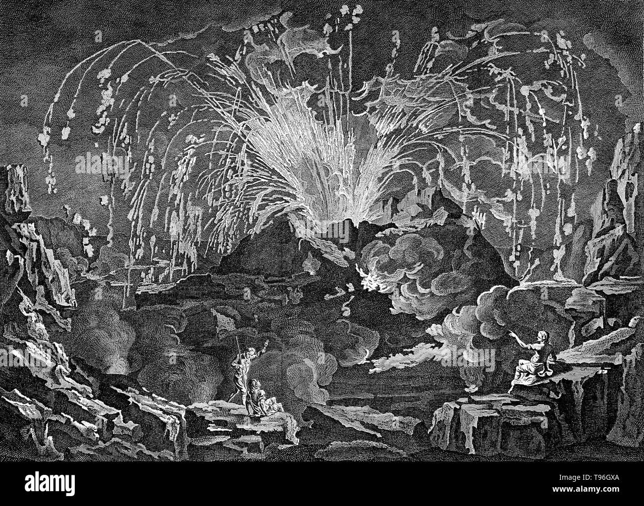 Mount Vesuvius erupting dramatically in 1754, with three spectators looking on. Mount Vesuvius is a stratovolcano in the Gulf of Naples, Italy, best known for its eruption in 79 AD that led to the burying and destruction of the Roman cities of Pompeii and Herculaneum. Since then Vesuvius has erupted around three dozen times. The volcano became quiescent at the end of the 13th century and in the following years it again became covered with gardens and vineyards as of old. Stock Photo