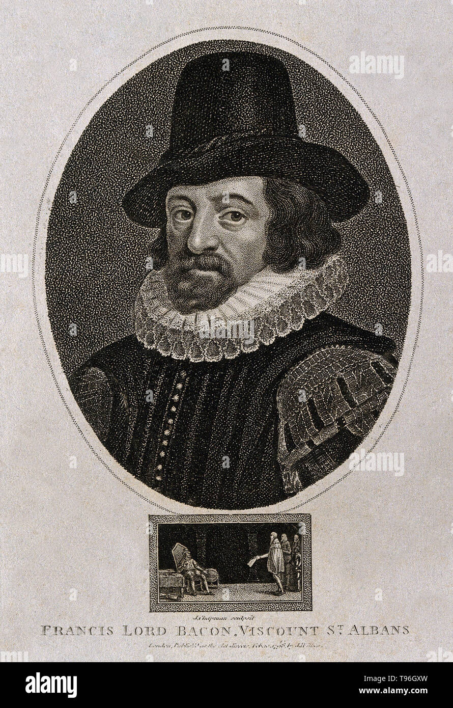 Francis Bacon, Viscount St Alban. Francis Bacon (January 22, 1561 - April 9, 1626) was an English philosopher, statesman, scientist, lawyer, jurist, author and pioneer of the scientific method. He served both as Attorney General and Lord Chancellor of England. His political career ended in disgrace in 1621. After he fell into debt, a Parliamentary Committee on the administration of the law charged him with twenty-three separate counts of corruption. Stock Photo