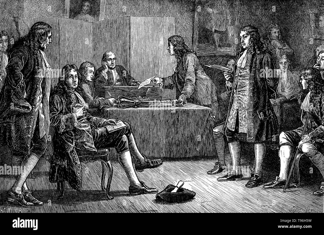 Royal Society, Crane Court, off Fleet Street, London: a meeting in progress, with Isaac Newton in the chair. Isaac Newton (December 25, 1642 - March 20, 1727) was an English physicist, mathematician, astronomer, natural philosopher, alchemist, and theologian. His monograph ''Philosophiae Naturalis Principia Mathematica'', published in 1687, lays the foundations for most of classical mechanics. In this work, Newton described universal gravitation and the three laws of motion, which dominated the scientific view of the physical universe for the next three centuries. Newton built the first practi Stock Photo