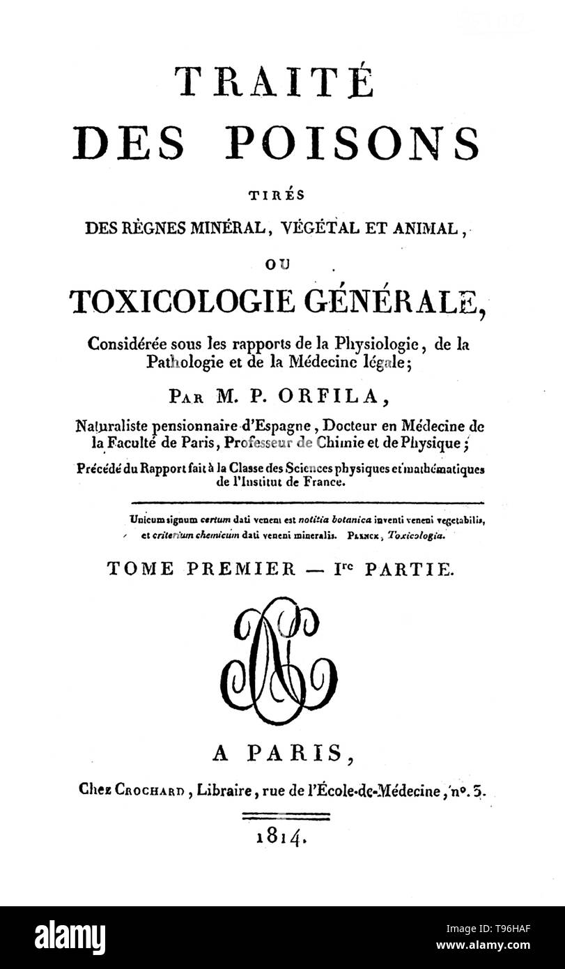 Mathieu Joseph Bonaventure Orfila (April 24, 1787 - March 12, 1853) was a Spanish-born French toxicologist and chemist, the founder of the science of toxicology. In Orfila's time the primary type of poison in use was arsenic, but there were no reliable ways of testing for its presence. Orfila created new techniques and refined existing techniques in his first treatise, Traite des poisons, greatly enhancing their accuracy. He died in 1853 at the age of 65. Lithograph by A. Collette, undated. Stock Photo