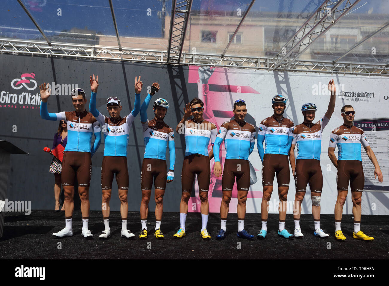 Cassino, Italy - May 16, 2019: Ag2r La Mondiale team on the podium of the sixth stage of the 102th Tour of Italy Cassino-San Giovanni Rotondo Stock Photo