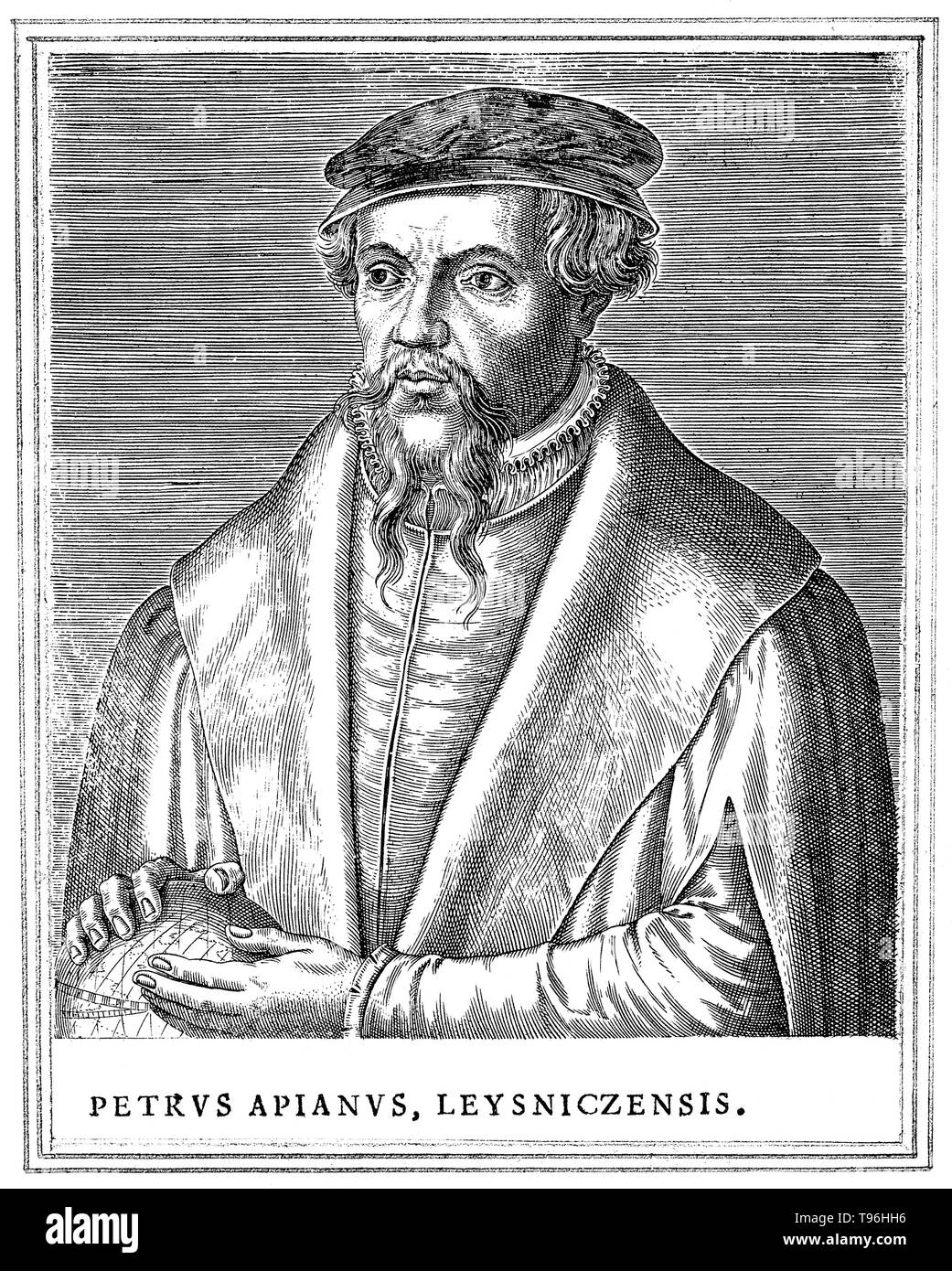 Petrus Apianus (April 16, 1495 - April 21, 1552) was a German humanist, known for his works in mathematics, astronomy and cartography. In 1524 he produced his Cosmographicus liber, a respected work on astronomy and navigation that was to see at least 30 reprints in 14 languages. In 1527 he published a variation of Pascal's triangle, and in 1534 a table of sines. In 1531, he observed a comet and discovered that a comet's tail always point away from the sun. Stock Photo