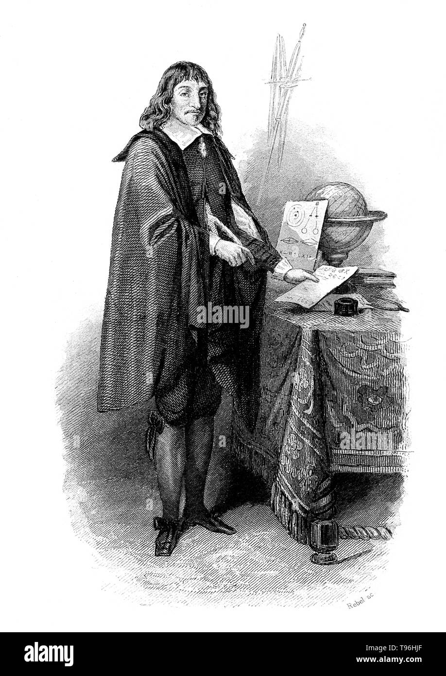 René Descartes (March 31, 1596 - February 11, 1650) was a French mathematician, philosopher and physiologist. Living on his modest inherited wealth, Descartes traveled, studied, wrote, and served as a soldier in Holland, Bohemia and Hungary. He created analytical geometry, which translates geometrical problems into algebraic form so that algebraic methods can be applied to their solution. Conversely he applied geometry to algebra. Stock Photo