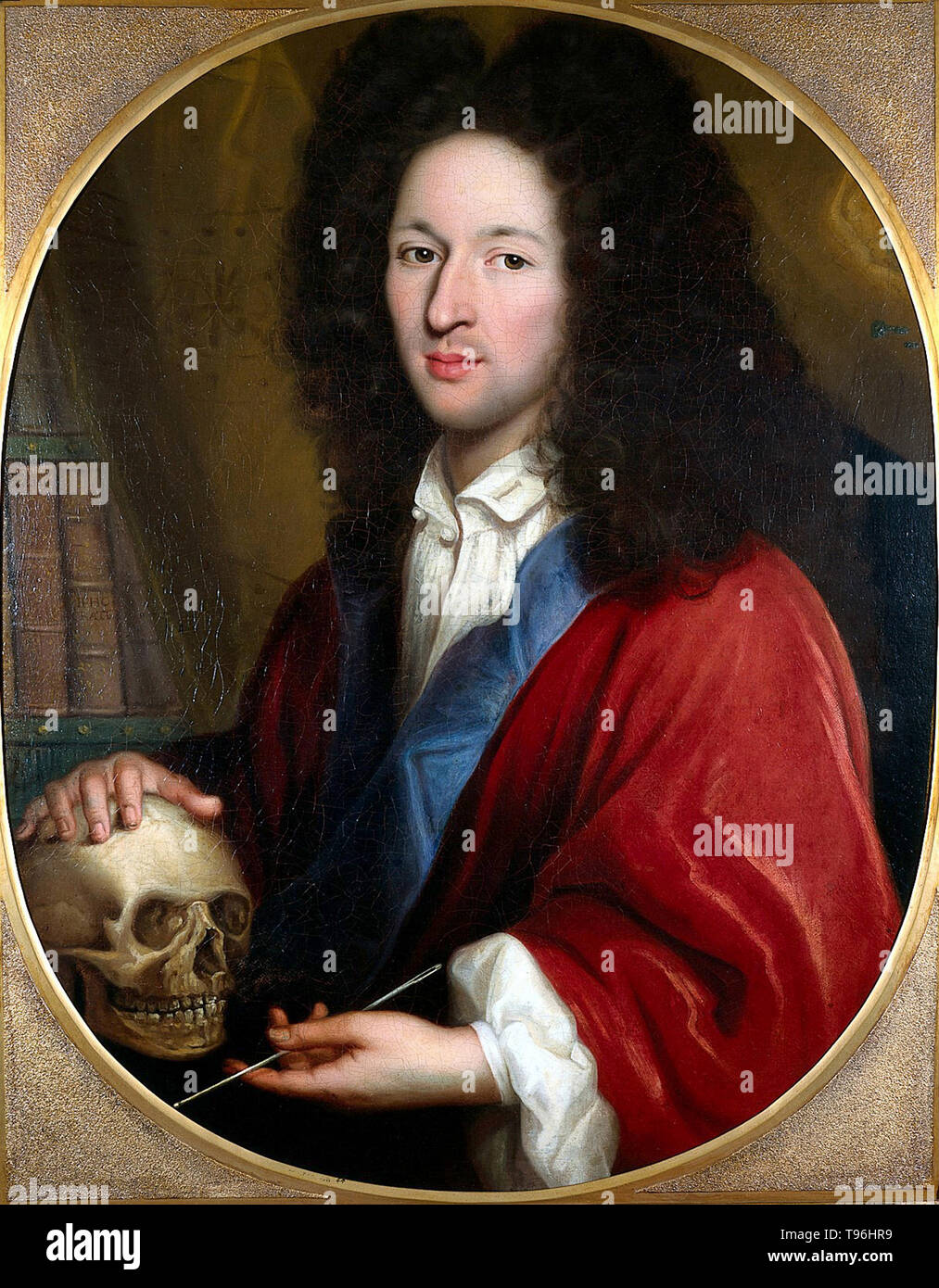 Painting of a man with a surgical instrument and a skull, said to be Bernhard Siegfried Albinus (1697-1770) a German-born Dutch anatomist. Albinus is best known for his monumental anatomical text, Tabulae sceleti et musculorum corporis humani, which was first published in Leiden in 1747, largely at his own expense. Stock Photo