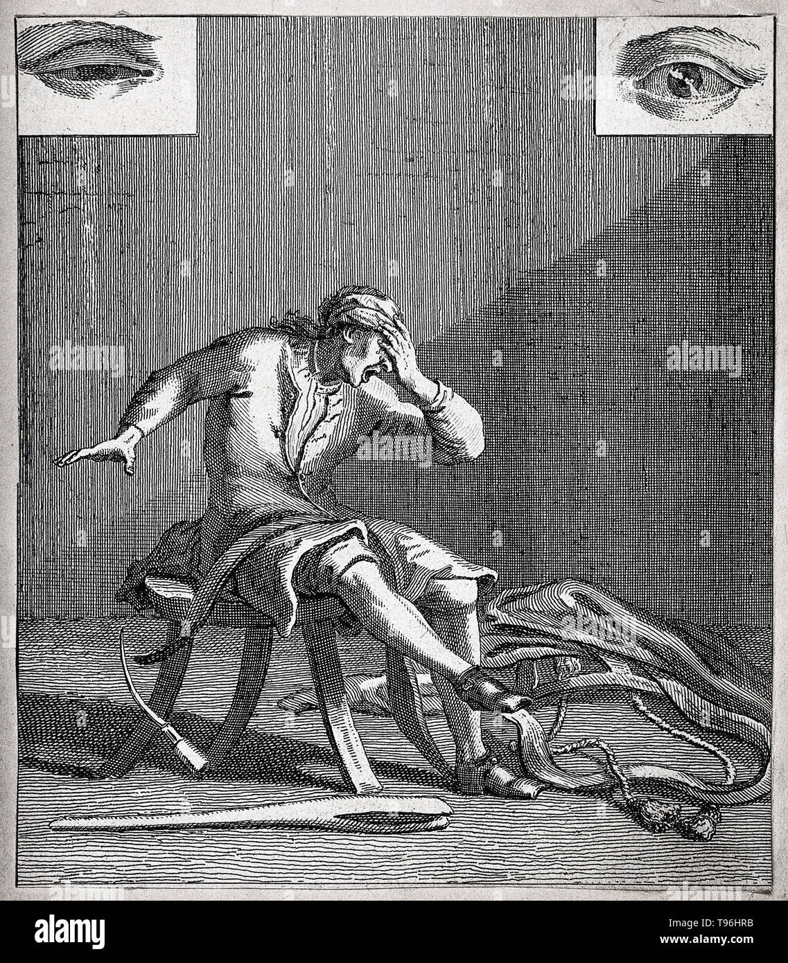 A man in a workshop with a hand over his eyes in anguish. A sharp tool drops from his other hand. Two details of eyes appear in the top corners, one of them injured. Line engraving. Stock Photo