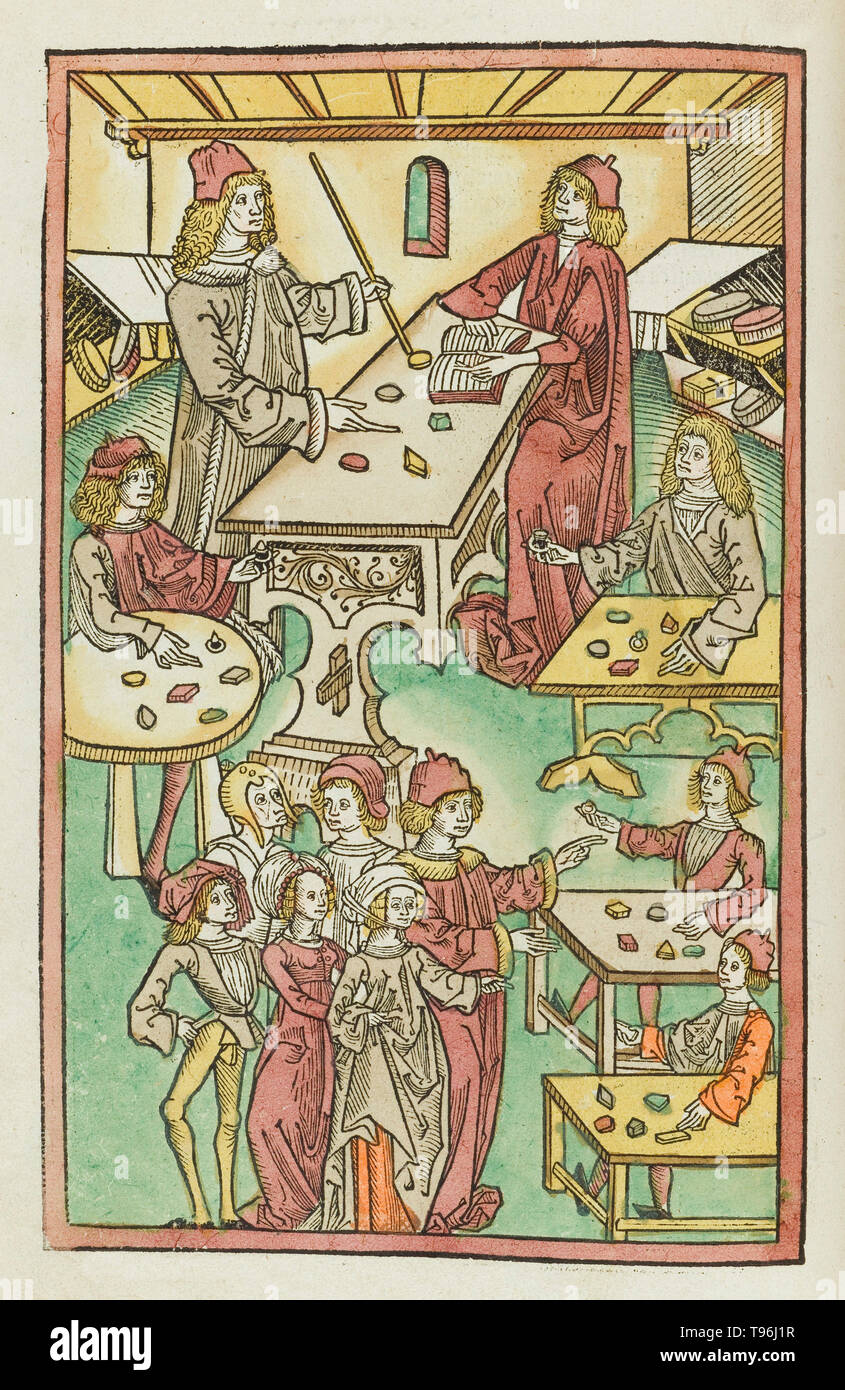 Jewelers. Gem merchants. The Hortus Sanitatis (Garden of Health), the first natural history encyclopedia, was published by Jacob Meydenbach in Germany, 1491.  He describes plants and animals (both real and mythical) together with minerals and various trades, with their medicinal value and method of preparation. The hand-colored woodcut illustrations are stylized but often easily recognizable. 1547 edition. Stock Photo