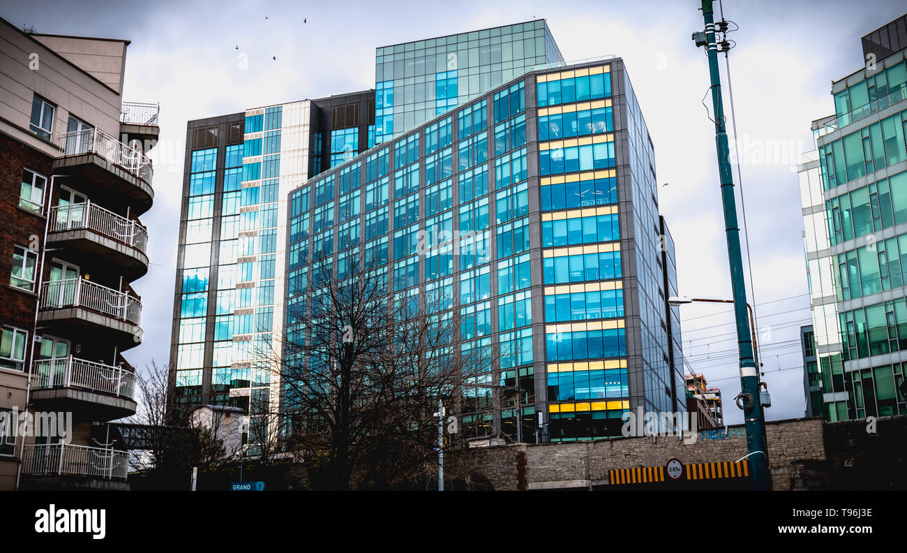 Dublin, Ireland - February 12, 2019: Architectural detail of the Irish headquarters building of the multinational Google on a winter day Stock Photo