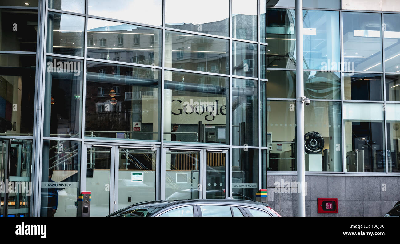 Dublin, Ireland - February 12, 2019: Architectural detail of the Irish headquarters building of the multinational Google on a winter day Stock Photo