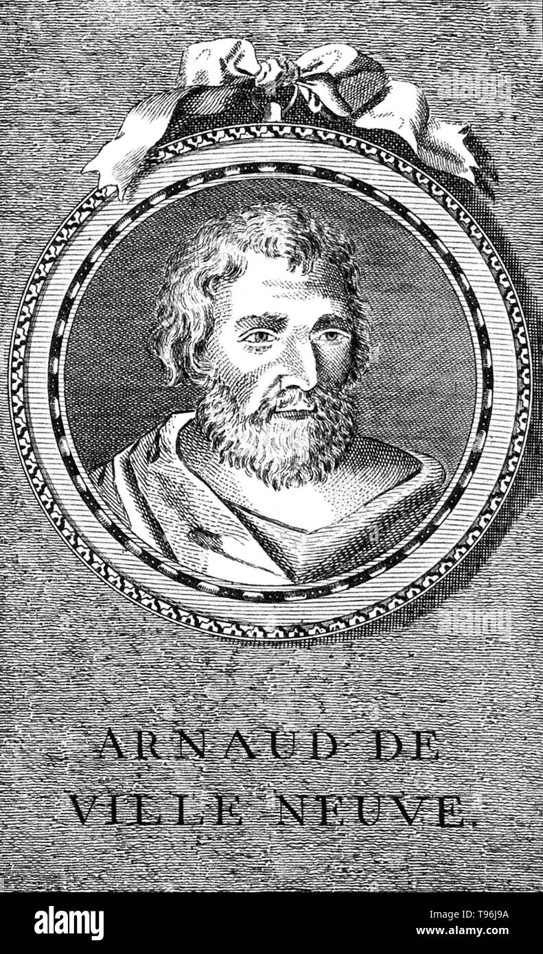 Arnaldus de Villa Nova (1235-1311) was a Spanish alchemist, astrologer and physician. He studied chemistry, medicine, physics, and Arabic philosophy. He is credited with translating a number of medical texts from Arabic, including works by Ibn Sina (Avicenna), Qusta ibn Luqa (Costa ben Luca), and Galen. Many alchemical writings, including Thesaurus Thesaurorum or Rosarius Philosophorum, Novum Lumen, and Flos Florum, are also ascribed to him, but they are of very doubtful authenticity. Stock Photo