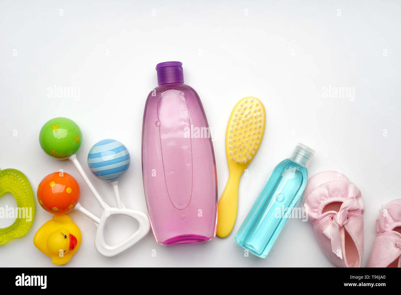Composition with baby care accessories on white background Stock Photo