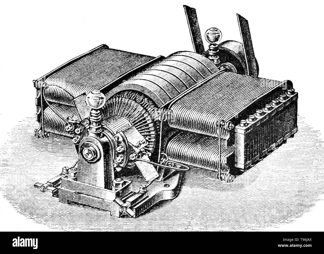 An early type of Siemens' Self Exciting dynamo (1873) with drum-wound armature and bar commutator. A dynamo is an electrical generator that creates direct current using a commutator. Dynamos were the first electrical generators capable of delivering power for industry, and the foundation upon which many other later electric-power conversion devices were based, including the electric motor, the alternating-current alternator, and the rotary converter. Stock Photo