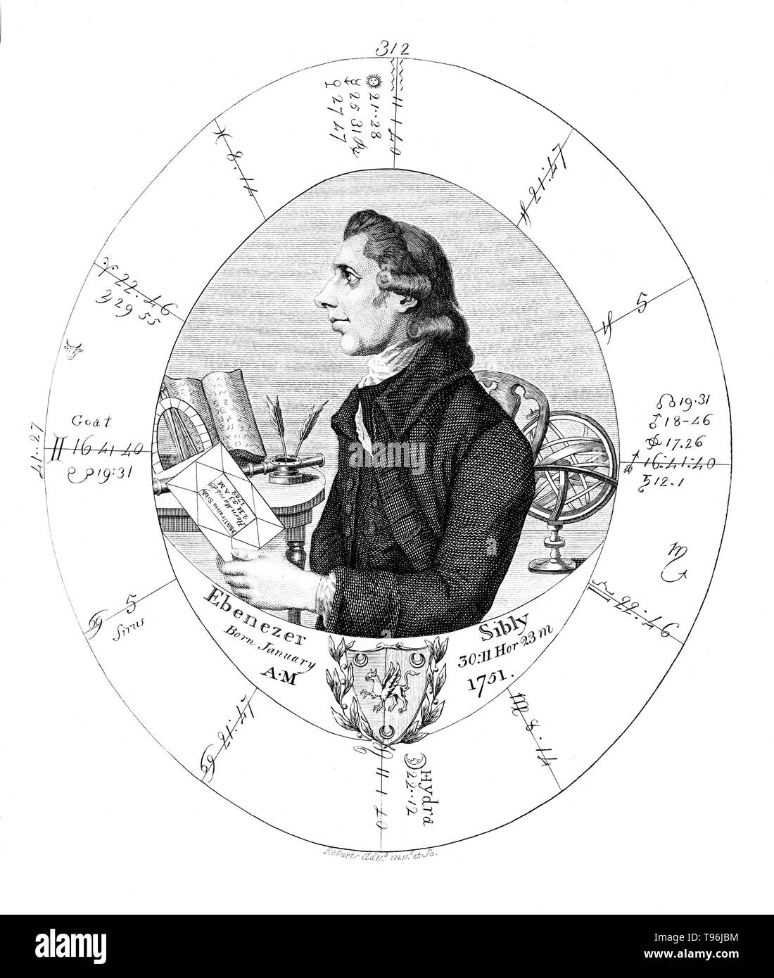 Ebenezer Sibly (1751 - 1799) was an English physician, astrologer and writer on the occult. As a student of medicine, he became interested in the theories on animal magnetism of Anton Mesmer, joining Mesmer's Harmonic Philosophical School. As an astrologer, Ebenezer is said to have used the Placidian system of houses; as a student of alchemy, he translated Bernard of Treviso (the fountain allegory). Stock Photo