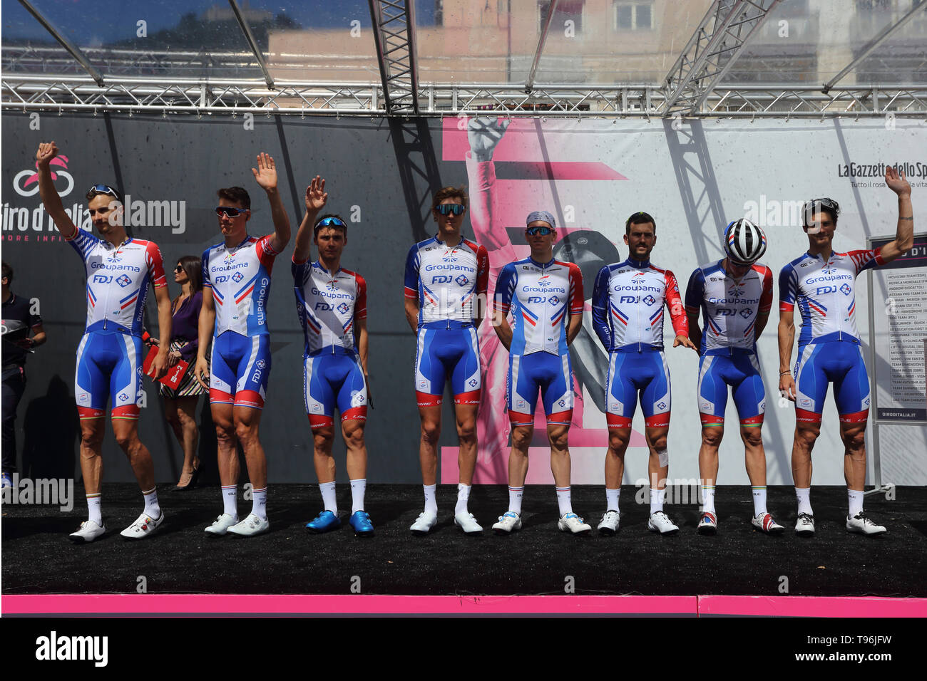 Cassino, Italy - May 16, 2019: Groupama - FDJ team on the podium of the sixth stage of the 102th Tour of Italy Cassino-San Giovanni Rotondo Stock Photo