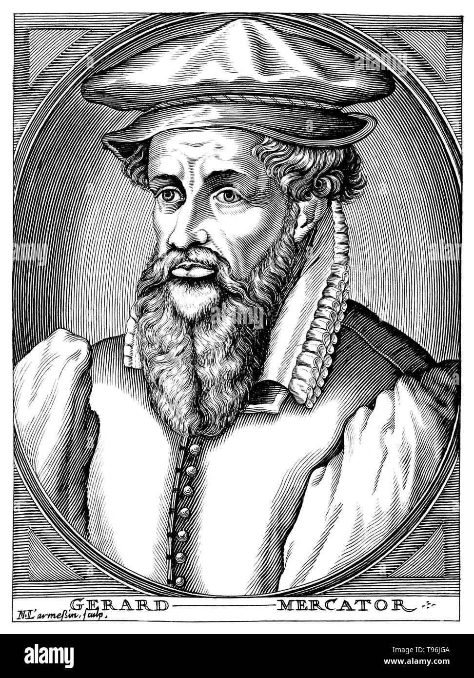 Gerardus Mercator (March 5, 1512 - December 2, 1594) was a Flemish cartographer. His map-making began when he produced a map of Palestine in 1537. In 1538 he produced a map of the world. In 1564 he was appointed Court Cosmographer to Wilhelm, Duke of Jülich-Cleves-Berg. In 1569 he constructed a new chart, the Mercator projection, a cylindrical map projection. Stock Photo