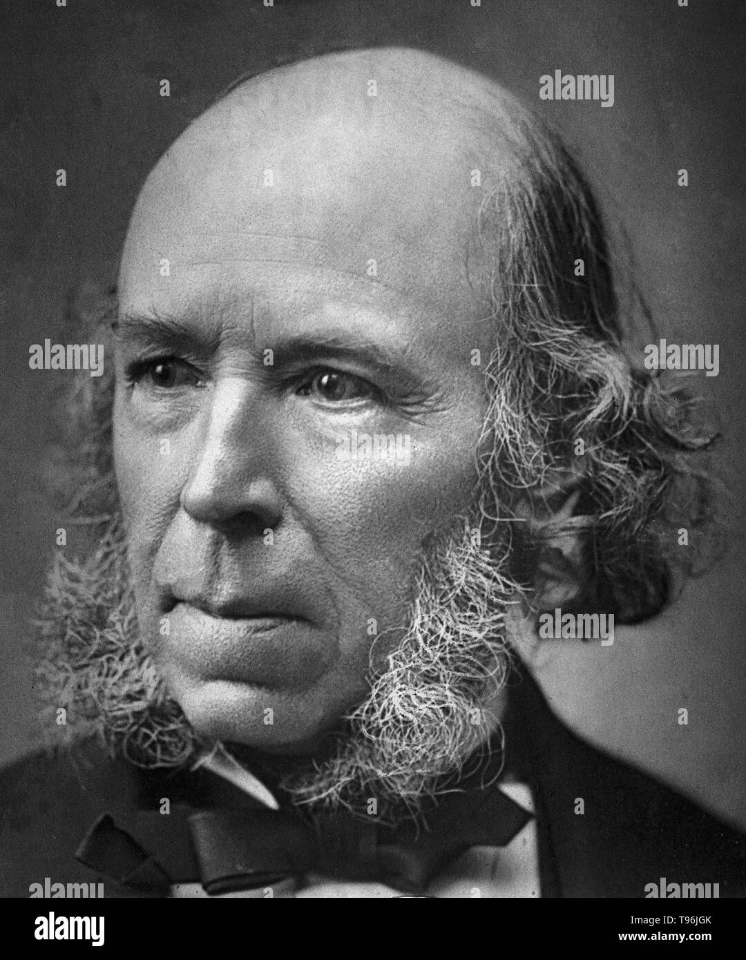 Herbert Spencer (April 27, 1820 - December 8, 1903) was an English philosopher, biologist, sociologist, and prominent classical liberal political theorist of the Victorian era. Spencer developed an all-embracing conception of evolution as the progressive development of the physical world, biological organisms, the human mind, and human culture and societies. Stock Photo