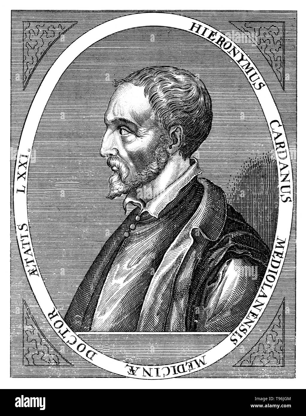 Gerolamo Cardano (September 24, 1501 - September 21, 1576) was an Italian polymath, whose interests ranged from being a mathematician, physician, biologist, physicist, chemist, astrologer, astronomer, philosopher, writer, and gambler. He was one of the most influential mathematicians of the Renaissance, and was one of the key figures in the foundation of probability, of the binomial coefficients and the binomial theorem. He wrote more than 200 works on science. Stock Photo
