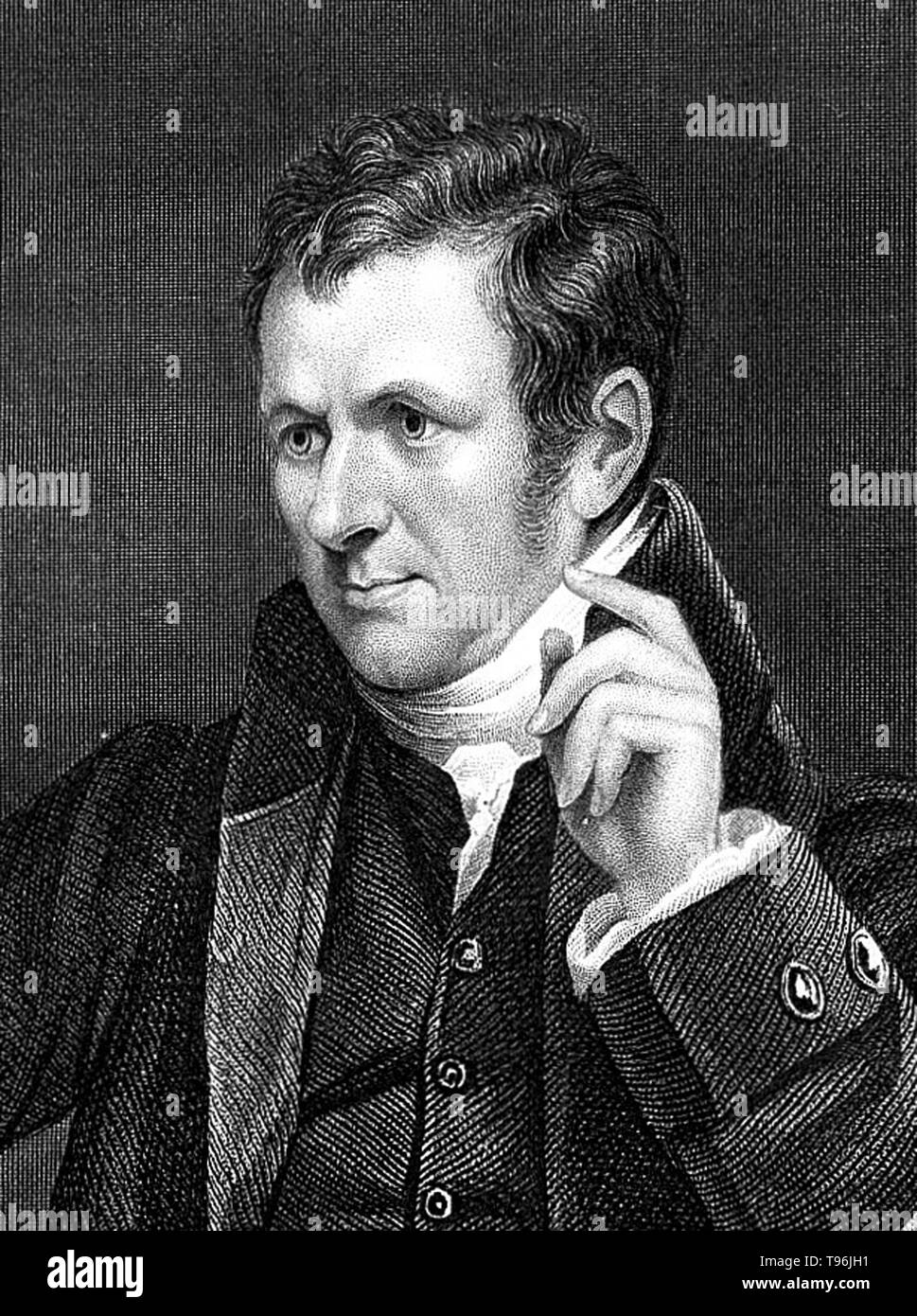 Sir Humphry Davy, 1st Baronet (December  17, 1778 - May 29, 1829) was a Cornish chemist and inventor, best remembered today for isolating, using electricity, a series of elements for the first time: potassium and sodium in 1807 and calcium, strontium, barium, magnesium and boron the following year, as well as discovering the elemental nature of chlorine and iodine. He also studied the forces involved in these separations, inventing the new field of electrochemistry. Stock Photo