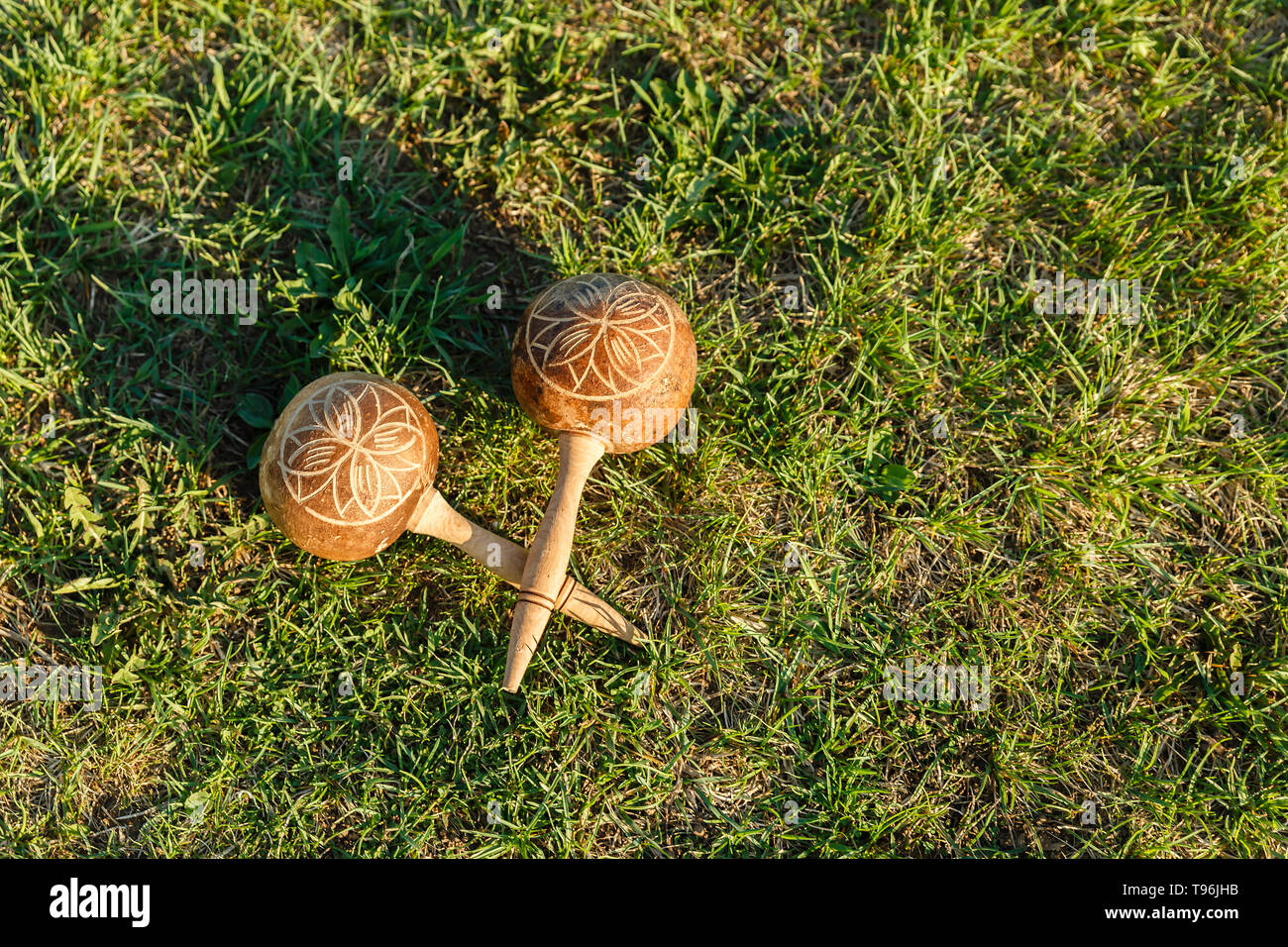 maracas. Traditional musical instrument made of natural materials lie