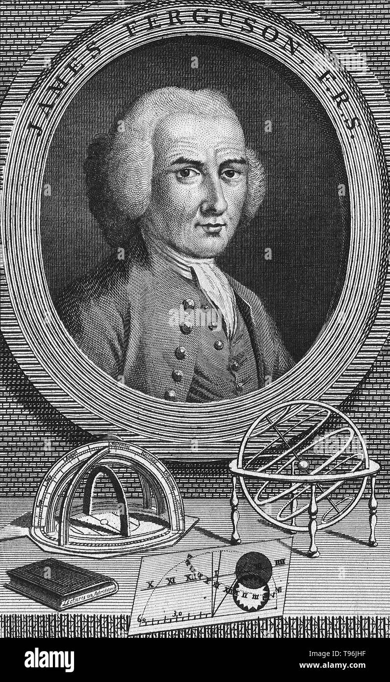 James Ferguson (April 25,1710 - November 17, 1776) was a Scottish astronomer and instrument maker. After his father taught him to write, he was sent to the grammar school for three months and that was all the formal education he ever received. In 1720 he was sent to a neighboring farm to keep sheep, where he amused himself by making models of machines, and at night he studied the stars. Stock Photo