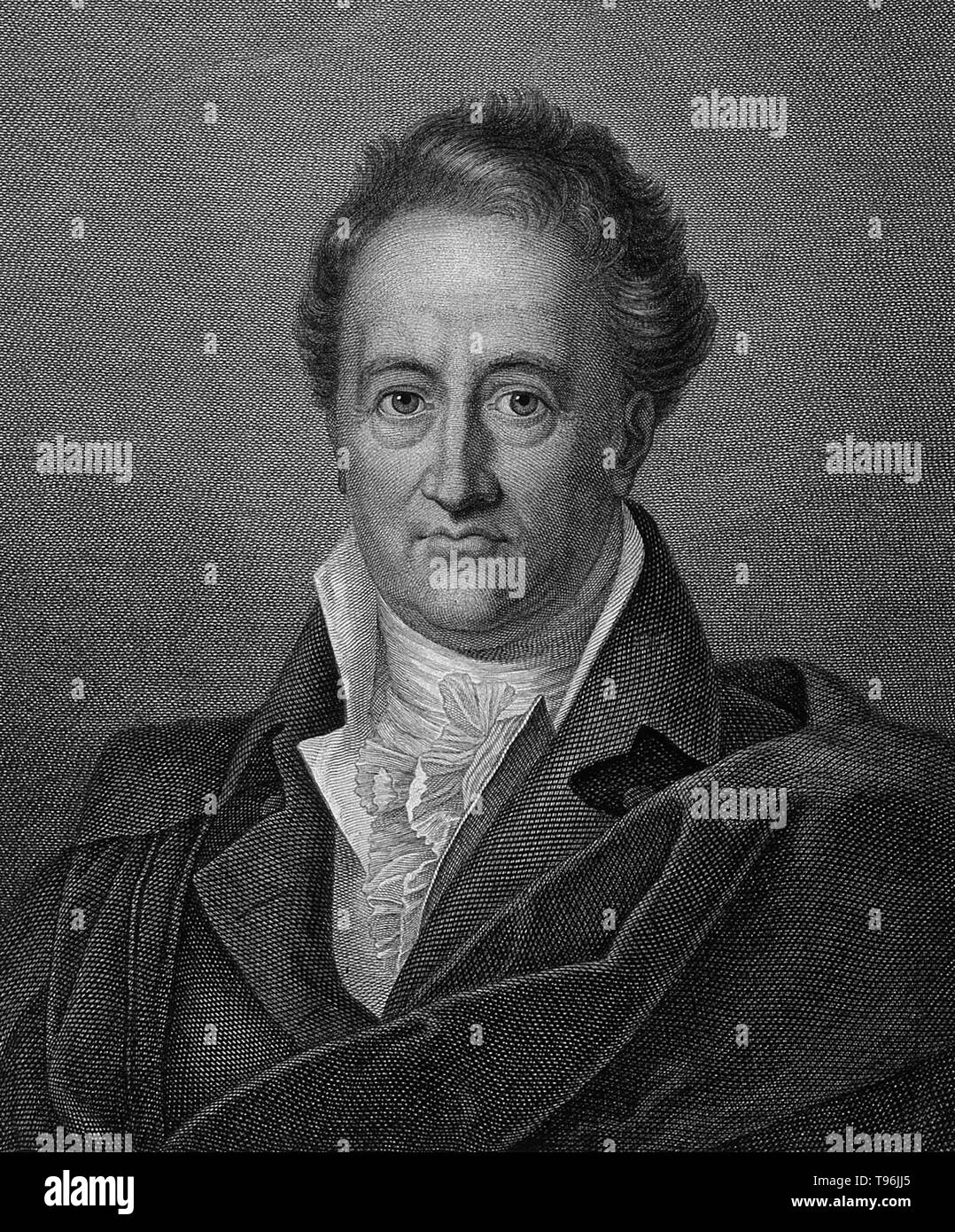 Johann Wolfgang von Goethe (August 28, 1749 - March 22, 1832) was a German writer, pictorial artist, biologist, statesman, theoretical physicist, and polymath. He is considered the supreme genius of modern German literature. His works span the fields of poetry, drama, prose, philosophy, and science. His Faust has been called one of the greatest dramatic works of modern European literature. Stock Photo