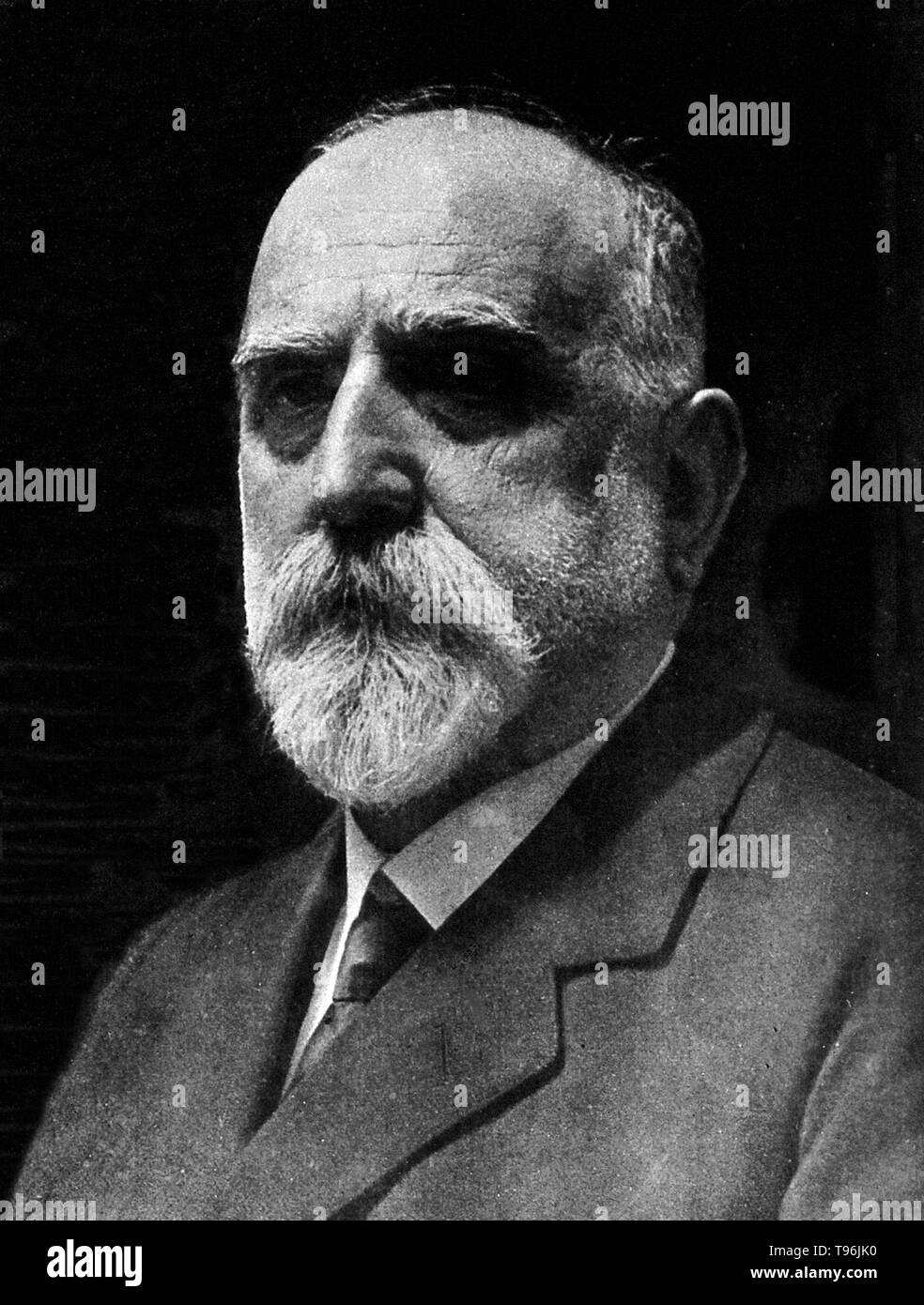 Jaume Ferran i Clua (1851- 1929) was a Spanish bacteriologist and sanitarian, contemporary of Koch, and said by his fellows to have made some of the discoveries attributed to Koch. As early as 1885, he wrote on immunization against cholera. In 1893, his work on this subject was translated into French with the title L'Inoculation préventive contre le Cholera. Tuberculosis is another disease in which Ferran was always deeply interested. Some of his ideas on the transmission and virulence of tuberculosis are revolutionary. No photographer credited, undated. Stock Photo