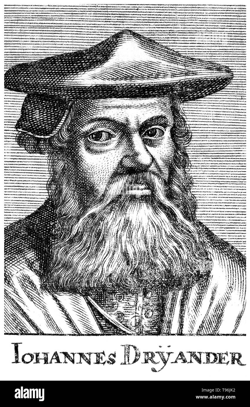 Johann Dryander (Eichmann) (June 27, 1500 - December 20, 1560) was a German anatomist, astronomer and physician. In 1535, he was appointed professor of medicine at the University of Marburg. Dryander was one of the first textbook authors to illustrate with woodcuts and the first to illustrate a Galenic dissection of the human brain. An expanded edition of this early book, the Anatomiae pars prior, was published in 1537. Stock Photo