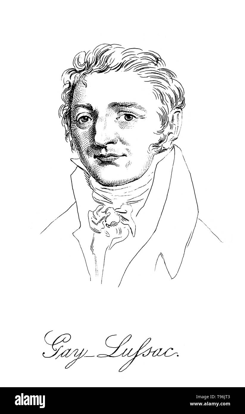 Joseph Louis Gay-Lussac (December 6, 1778 - May 9, 1850) was a French chemist and physicist known for his studies on the physical properties of gases. His first major investigation concerned the thermal expansion of gases. This was significant in the establishment of the Kelvin temperature scale later in the century. In 1805, he collaborated with Alexander von Humboldt in determining the proportions of hydrogen and oxygen present in water. Stock Photo
