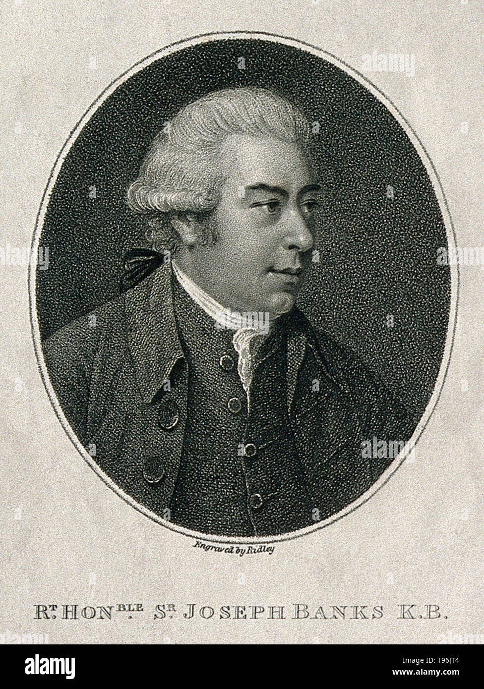 Sir Joseph Banks, 1st Baronet (February 24, 1743 - June 19, 1820)  English naturalist and botanist. Banks made his name on the 1766 natural history expedition to Newfoundland and Labrador. He took part in Cook's first great voyage (1768-71), visiting Brazil, Tahiti, New Zealand, and Australia. He held the position of President of the Royal Society for over 41 years. Stock Photo
