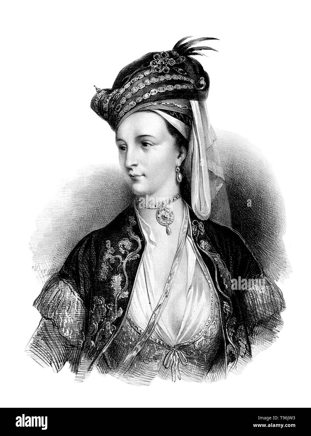 Lady Mary in Turkish dress. Lady Mary Wortley Montagu (1689 - August 21, 1762) was an English aristocrat, letter writer and poet. Lady Mary is today chiefly remembered for her travels to the Ottoman Empire, as wife to the British ambassador to Turkey. The story of this voyage and of her observations of Eastern life is told in Letters from Turkey. During her visit she was charmed by the beauty and hospitality of the Ottoman women she encountered. Stock Photo