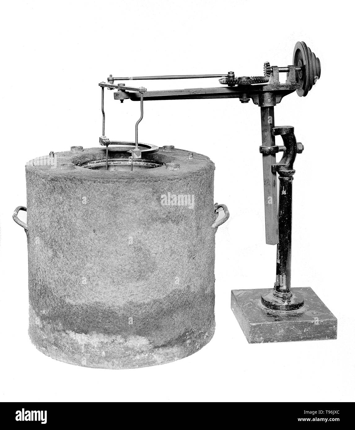 Calorimeter designed and used by Berthelot for determining heat developed in chemical reactions. Pierre Eugène Marcellin Berthelot (October 25, 1827 - March 18, 1907) was a French chemist and politician noted for the Thomsen-Berthelot principle of thermochemistry which argued that all chemical changes are accompanied by the production of heat and that processes which occur will be ones in which the most heat is produced. Stock Photo
